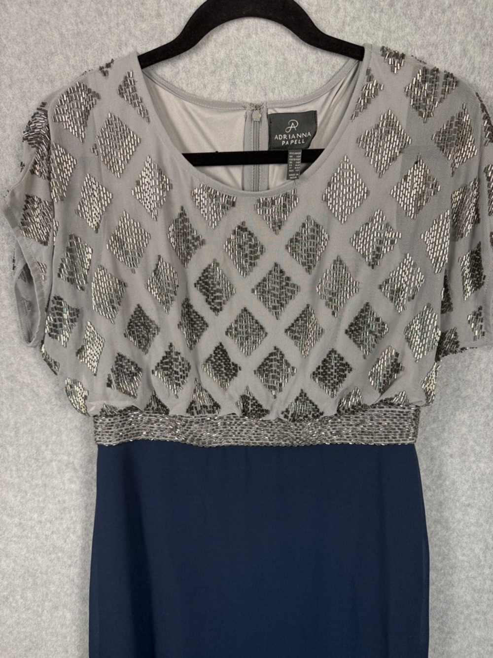 Adrianna Papell Beaded Bodice Navy Formal Gown SZ 8 Petite Elegant Evening Wear - Picture 5 of 9